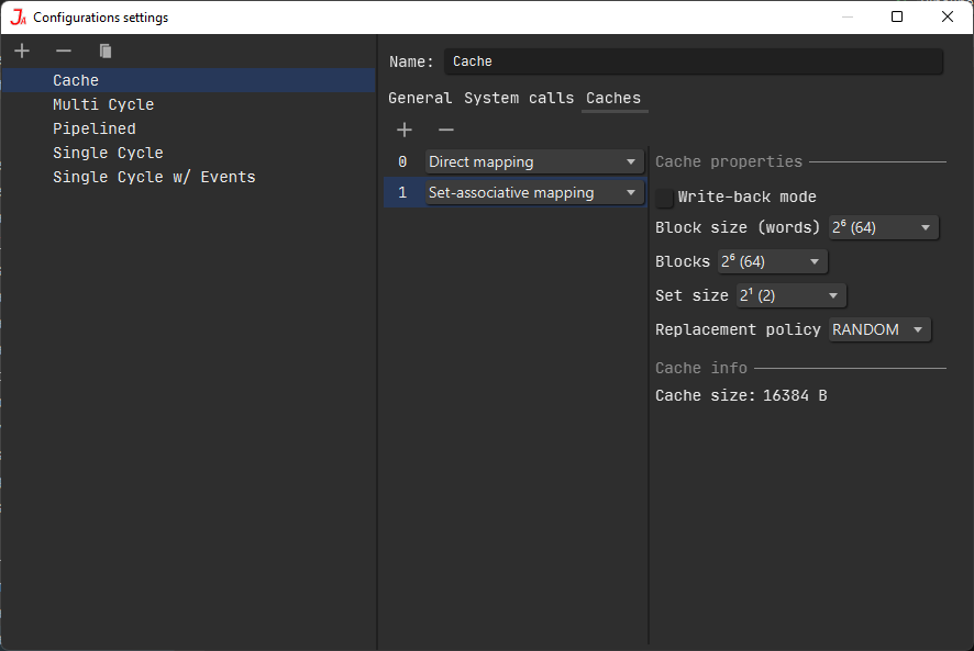 Cache configuration widget